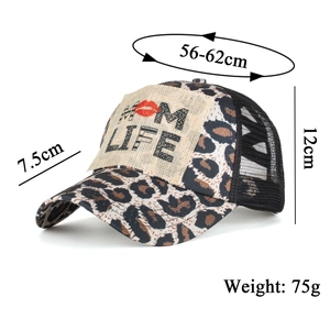 Leopard print mesh ponytail baseball cap with Mom Life patch and size specifications