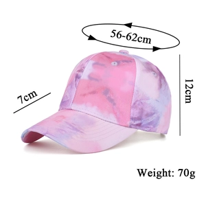 Pink and purple tie-dye baseball cap with dimensional measurements on white background