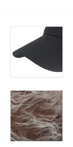 Detail of creative baseball cap with grey wig hair showing black twill fabric and stitching