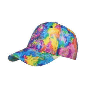 Vibrant tie-dye cotton baseball cap with six-panel design and reinforced brim style