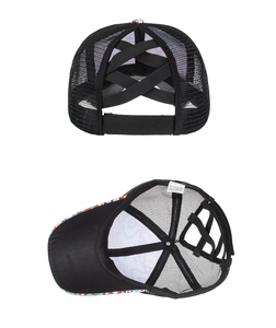 Detail of breathable mesh baseball cap with criss-cross elastic bands for ponytails