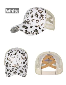 Three-way view of leopard baseball cap with elastic criss cross high ponytail hole