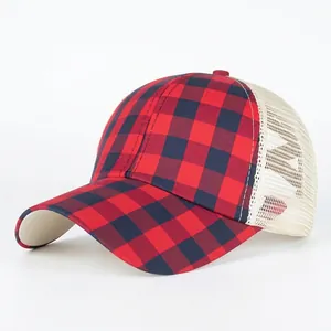 Women Plaid Mesh Ponytail Baseball Cap Criss Cross Elastic Back Trucker Hat Sun Shade Outdoor Casual Sun Hat