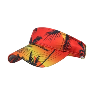Tropical sunset gradient open top sun visor with black palm tree silhouettes and wide brim