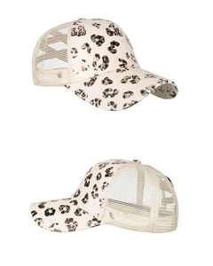 Macro detail of breathable leopard print baseball cap with mesh back for ponytails