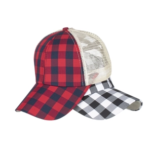 Women's plaid criss-cross ponytail trucker hats in red-black and black-white grids