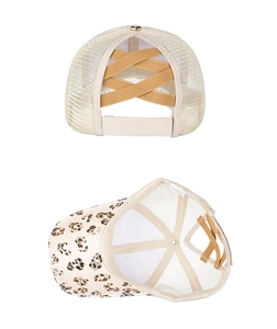 Detail of leopard print baseball cap with criss-cross elastic bands for high pony tails