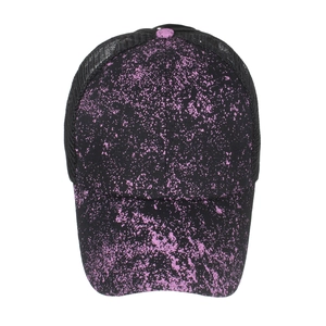 Black and pink starry ponytail baseball cap with glitter splatter and mesh back