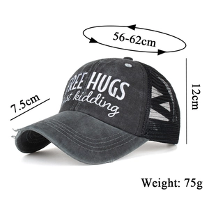 Detailed size chart for dark grey mesh ponytail baseball cap with Free Hugs embroidery