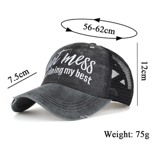 Detail view of cotton mesh ponytail cap with dimensions and hot mess embroidery