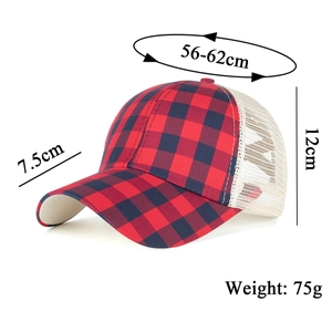 Red plaid baseball cap with white mesh back and dimensions shown for women