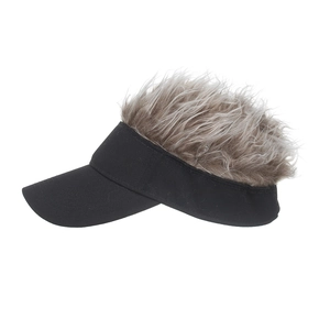 Creative black sun visor baseball cap with gray faux hair wig for outdoor fun
