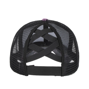 Black mesh ponytail baseball cap with purple tie-dye top button and elastic cross back