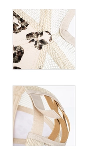 Detail view of leopard print baseball cap featuring criss-cross elastic ponytail holder
