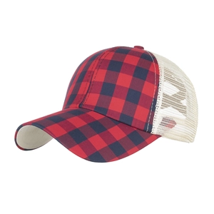Women's red and black buffalo plaid trucker hat with white mesh back for sun protection