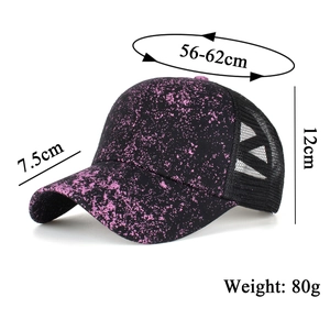 Women's black and pink glitter mesh ponytail baseball cap with breathable cross elastic back