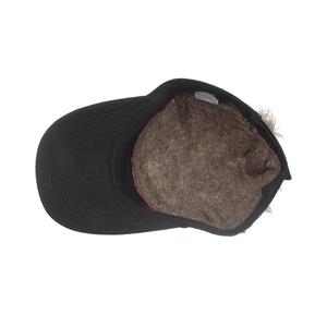 Black cotton baseball cap with unique brown hair wig design and breathable inner lining