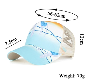 Detailed technical diagram showing dimensions for light blue floral mesh ponytail cap