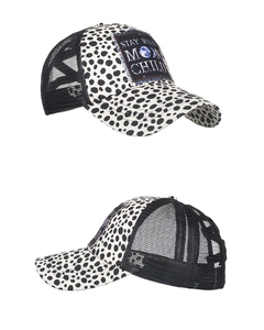 Detail of leopard print trucker hat featuring Stay Wild Moon Child patch and breathable mesh