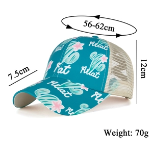 Green cactus print ponytail baseball cap with breathable mesh and 56-62cm adjustable size