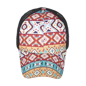 Ethnic geometric print trucker hat with colorful diamond pattern and black mesh back