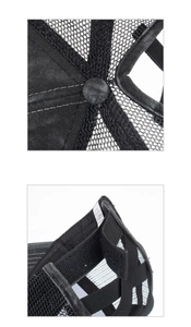 Detail shot of black mesh trucker hat showing adjustable strap and breathable fabric stitching