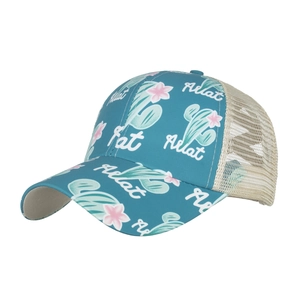 Peacock blue trucker hat with cactus floral print and breathable mesh back for women