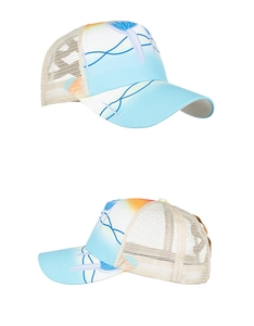 Detailed view of sky blue floral mesh ponytail baseball cap with breathable grid