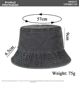 Detailed size specifications for washed denim bucket hat with 57cm circumference and 6.5cm brim