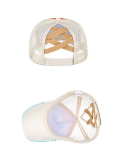 Detailed view of the criss-cross elastic back and interior of this mesh ponytail cap.