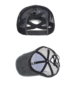 Detail of the elastic criss-cross back and breathable mesh on the ponytail baseball cap