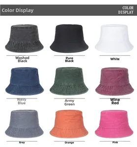 Multi-color display of washed cotton bucket hats featuring nine classic vintage shades