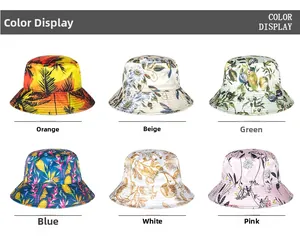 Selection of wide brim satin bucket hats in various tropical floral and fruit patterns