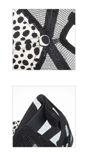 Detail of polka dot mesh baseball cap showing 65% cotton wash label and velcro strap