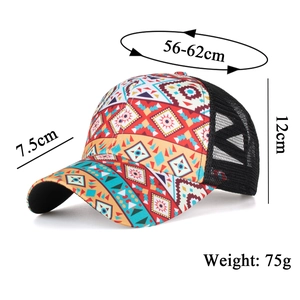 Geometric printed mesh ponytail baseball cap with adjustable strap and breathable back