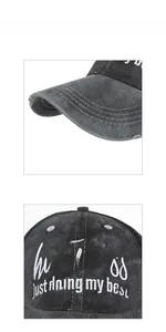 Detail of white embroidery text and parallel stitching on vintage black washed baseball cap