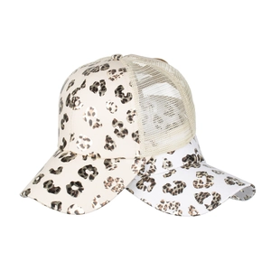 Women's leopard print ponytail baseball cap with breathable mesh and criss-cross back design