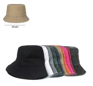 Detail showing various colors of washed cotton wide brim sun hats with vintage texture