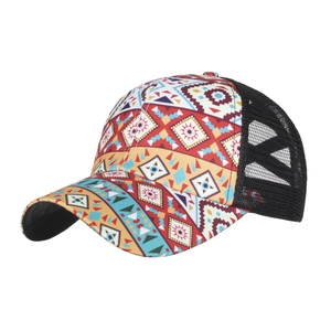 Women's tribal geometric baseball cap with criss-cross ponytail hole and breathable mesh back