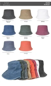 Detailed grid of washed cotton bucket hats in eight vintage colors with metal eyelets