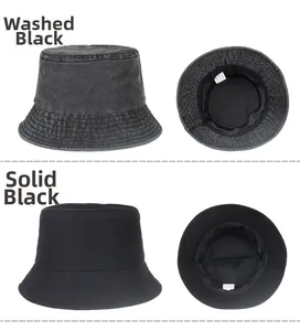 Detailed side view showing washed black and solid black 100% cotton sun hats
