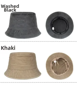 Detail of washed cotton sun hat showing adjustable drawstring and internal label features