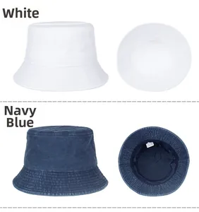 Detailed view of white and navy washed cotton bucket hats with reinforced brim stitching