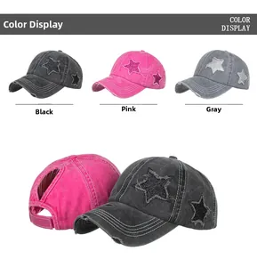 Detail view of washed cotton ponytail baseball caps featuring sequin star patches