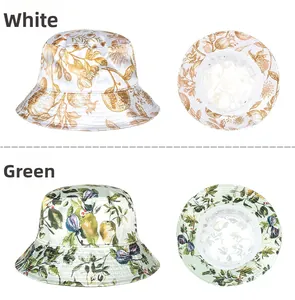 Detail of satin sun hats with elegant gold floral and green fig prints in four views