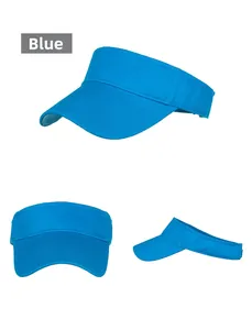 Trois angles d'une visière pare-soleil en coton bleu montrant texture et surpiqûres