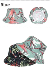 Detail view of cotton sun hat showing tropical floral patterns and wide brim design