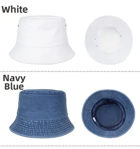 Detail of cotton bucket hat featuring metal eyelets and stitching in white and navy