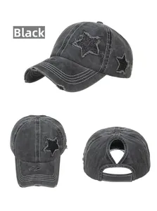 Close-up of black washed canvas baseball cap with star patch and ponytail hole cutout