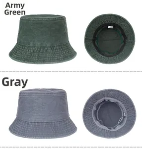 Detailed side view of washed cotton bucket hats with neat stitching and sweatband